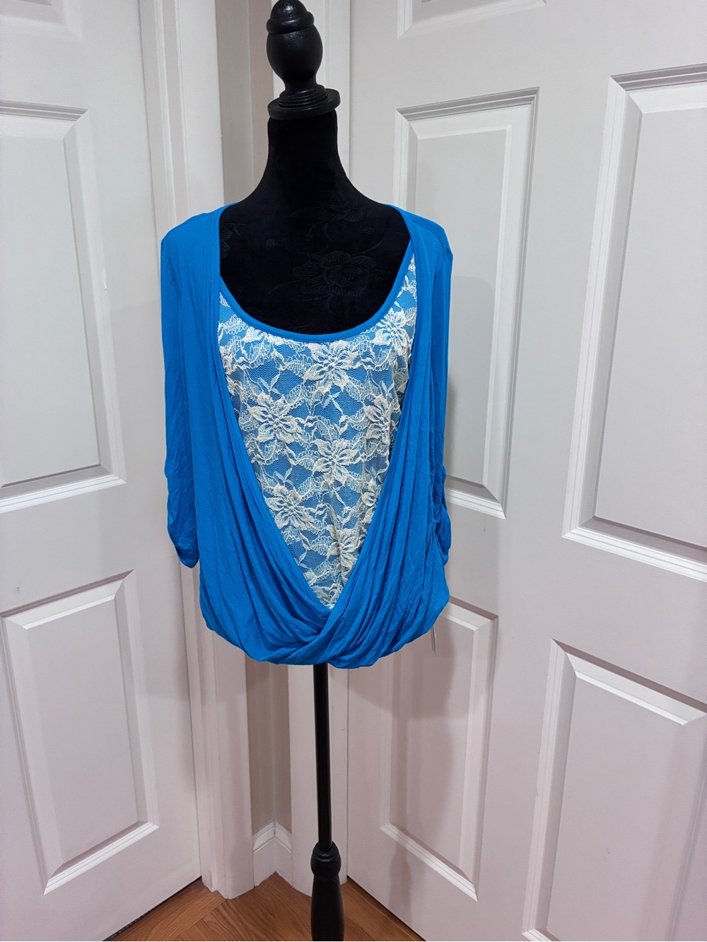 Blue Lace-Front Draped Women’s Top